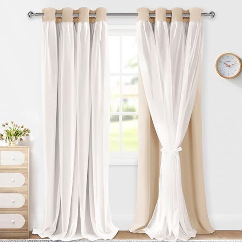 XWZO 100% Blackout Double Layer Curtains, Blackout Curtains with Sheer