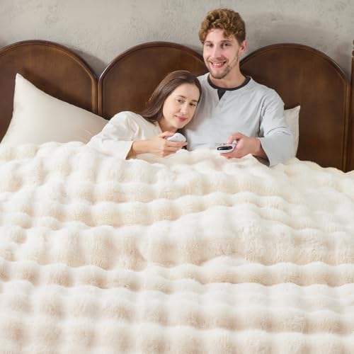 Fluffy Faux Fur Heated Blanket King Size,Cream,90"x100"