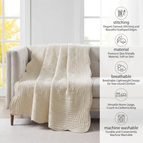 Beige Quilted Throw with Scalloped Edges, 60x72 inch Cotton Quilt Set