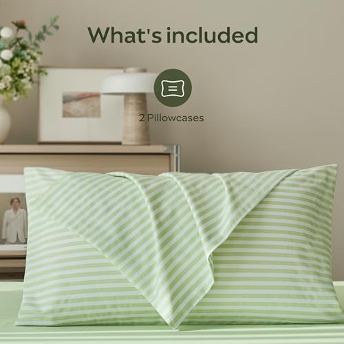 JELLYMONI Cotton Printed Striped Pillowcases Set of 2, Sage Green