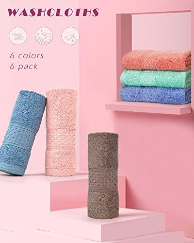 Cleanbear Washcloths Set, 100% Cotton, 6-Pack Wash Cloths, 13” x 13”