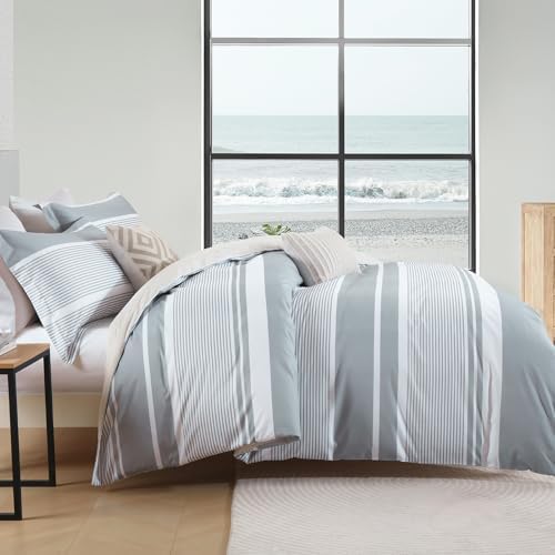 Striped Cotton King Duvet Cover 104"x90" – Light Grey White, 3 Piece