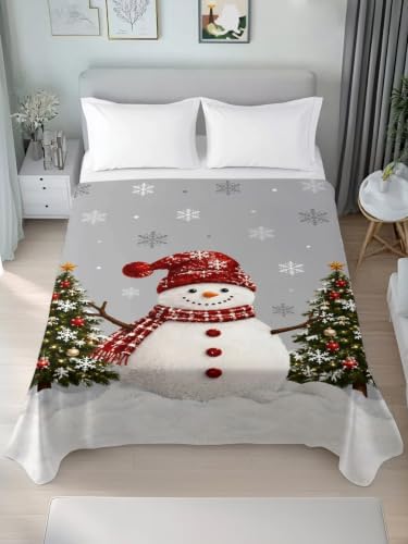 Cal King Size Flat Sheet Only, Snowman Snowflake Pine Tree Bed Top