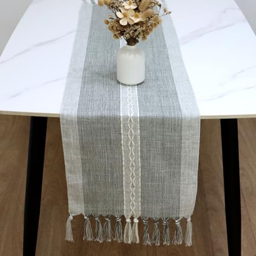 Rustic Table Runner 72 Fall Linen Macrame Woven Boho Farmhouse Grey