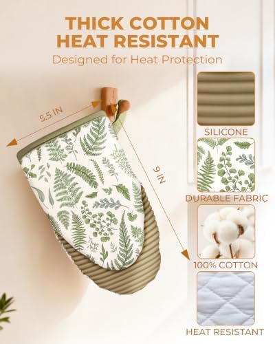 100% Thick Cotton Oven Mitts Ribbed Soft Silicone Natural Leaf