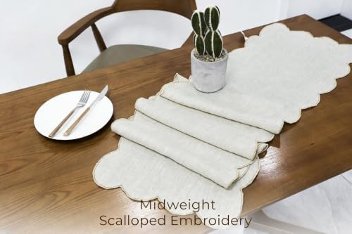 100% Natural Linen Rustic Scalloped Embroidery Table Runner 90 Inches