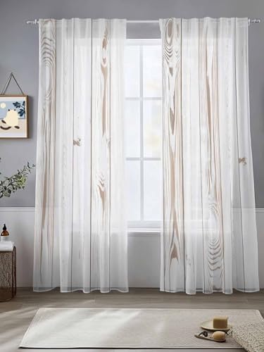 White Wood Grain Sheer Curtains 108 Inch Length 2 Panels Set, Country