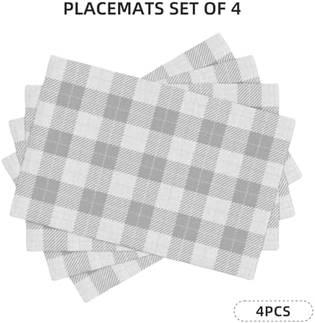 Gray White Plaid Linen Placemats Set of 4 - Heat Resistant Non-Slip