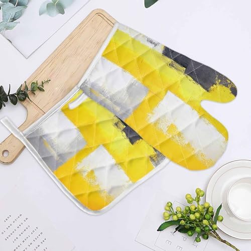 Quilted Cotton Terry Cloth Oven Mitt, Pot Holder Yellow Gray Black