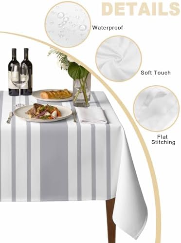 Gray Rectangle Tablecloth 60 x 120 Inches Striped Vintage Linen