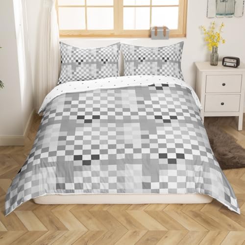 Geometric Grid Duvet Cover Set Queen Size,Gray Checkered Art Abstract