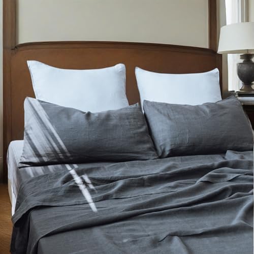 QKTE 100% Natural Linen Sheets Set 4 Piece - Washed Linen Bedding Set