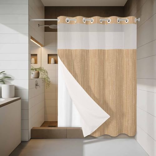No Hook Shower Curtain, Sand Beige Long Bathtub Curtains with Snap in