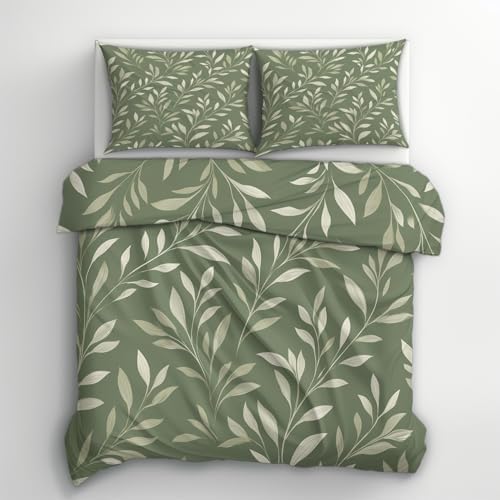 Sage Green Leaf Duvet Cover Queen Size, Leaves Pattern Bedding Set