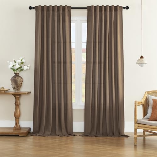DONREN Linen Blend Back Tab Curtains Semi Sheer 50 x 120 Inch Brown