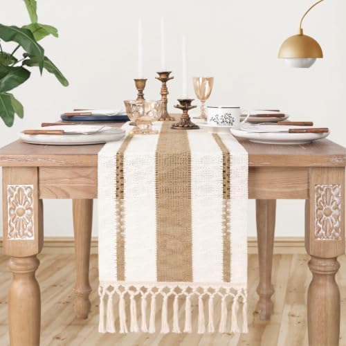 Table Runner Tassel Cotton Linen Pattern Bohemian Beige Color 12*108