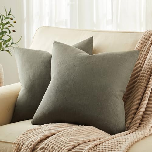 ZeeMart Rustic Linen Throw Pillow Covers Set of 2, Olive 22x22in