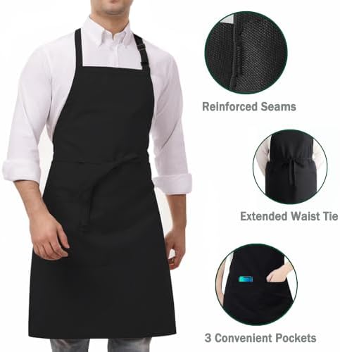 3 Pack Black White Chef Apron, Adjustable Kitchen Apron with 3 Pocket