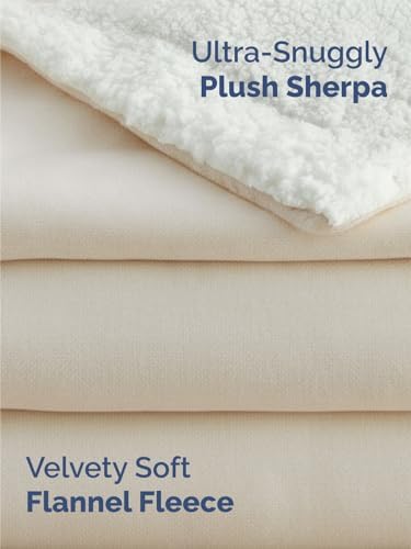 Sherpa Fleece Blanket Throw Size - Reversible Blanket - Ivory, 50" x