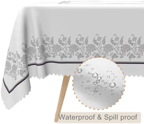 Elegant Grey and White Floral Square Tablecloth 70x70 Inch