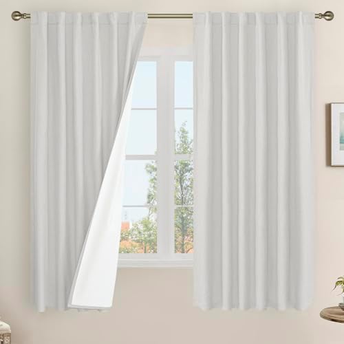 LAMIT Light Grey 100% Blackout Linen Bedroom Curtains 63 Inches 2