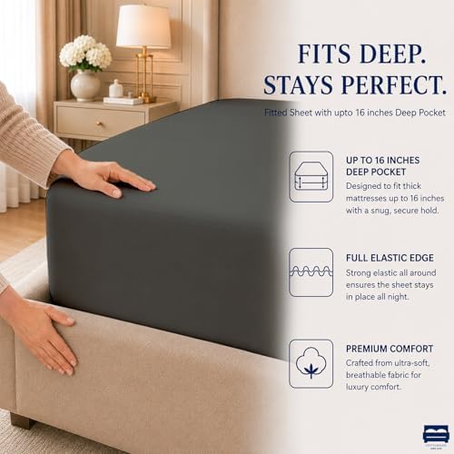 Cottingon 4 Piece King Sheets Fits 16" Deep, Egyptian Cotton, Dark
