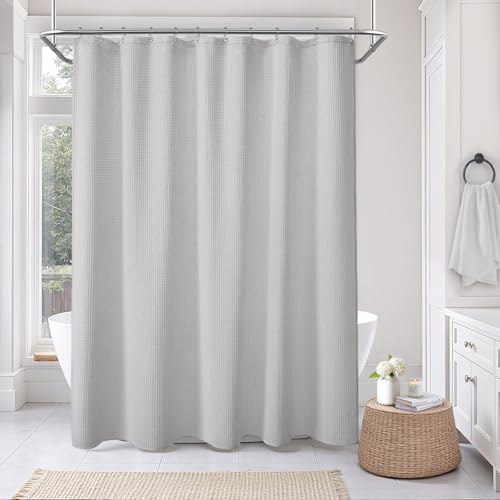 Waffle Weave Shower Curtain Heavyweight Cotton Fabric Light Grey