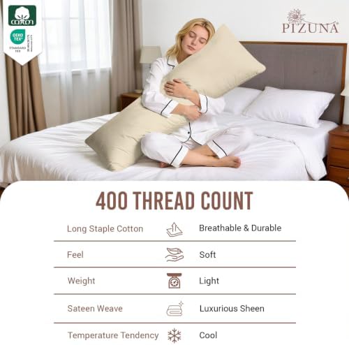 Pizuna 100% Cotton Long Body Pillow Case 400 Thread Count Beige