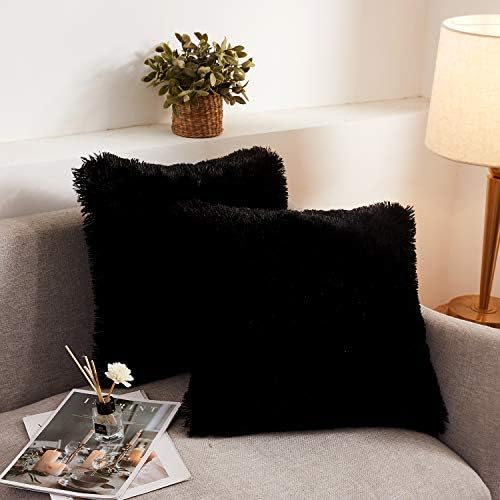 XeGe Fluffy Faux Fur Throw Pillow Covers, 18"x18", Set of 2, Black