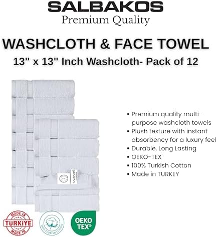 SALBAKOS 12-Piece 100% Turkish Cotton Washcloths and Face Towels