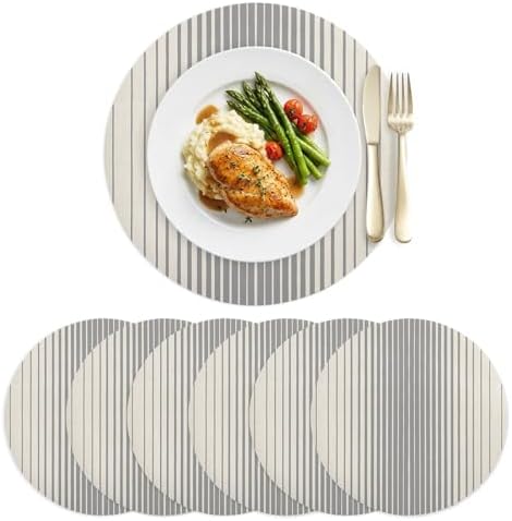 Neutral Stripe Faux Leather Placemats Set of 6, 15in, Waterproof Heat