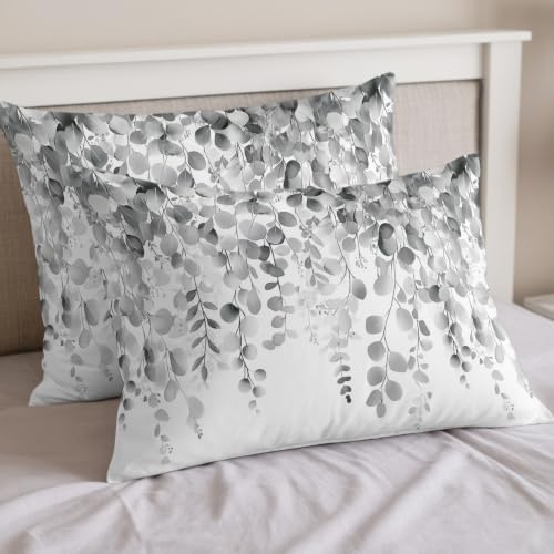 Farmhouse Gray Eucalyptus Leaves on White King Duvet Cover Set, Summer