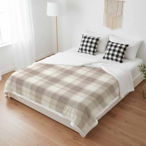 Beige Grid Sherpa Fleece Blanket Farmhouse Cream Buffalo Plaid Gingham