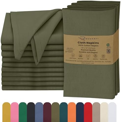 Ruvanti Cloth Napkins Set of 12, 100% Cotton 18”x18” - Capulet Olive