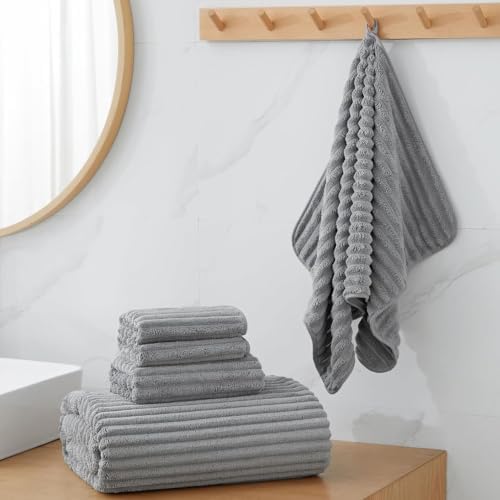 Ribbed Cotton 6-Piece Towel Set, Solid Black Textured Plush Towels
