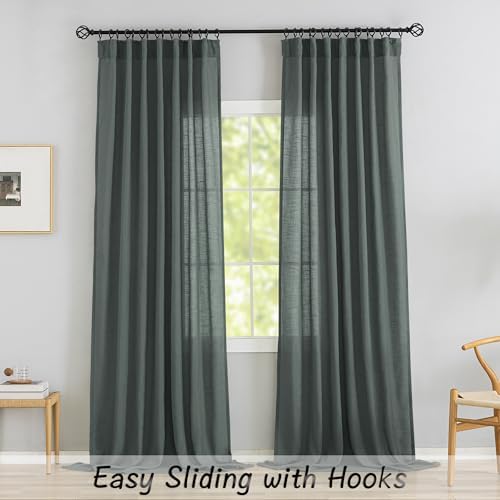 Charcoal Grey Linen Back Tab Curtains 84 Inch Length for Living Room