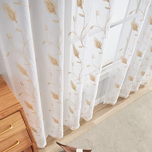 Floral Embroidery Beige Sheer Curtains 84 Inches Long, Rod Pocket