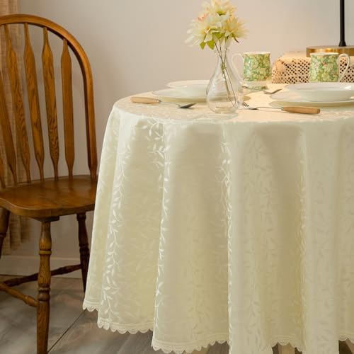 GLORY SEASON Textured Tablecloth Waterproof Spillproof Lace Trim Round