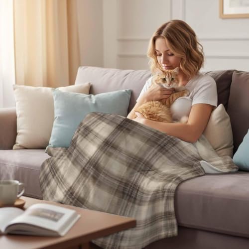 Taupe Oatmeal Plaid Throw Blanket for Couch, Traditional Striped Lines