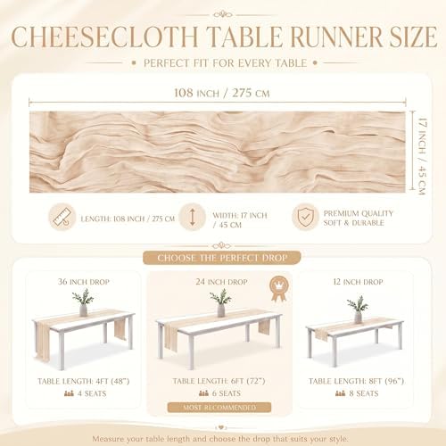12 Pack Ivory Cheesecloth Table Runner 17x108 Inch Boho Rustic Semi