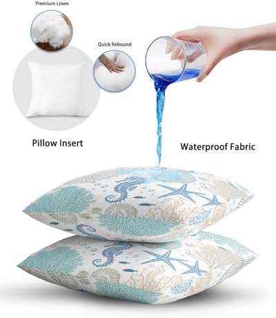 Outdoor Pillow Covers with Inserts,Coral Seahorse Coastal Waterproof