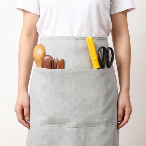 100% Linen Waist Apron with Pockets, Adjustable Bistro Half Apron for