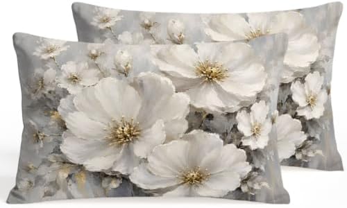 Cream Gold Flowers Lumbar Pillow Covers 12 x 20 Inch Pillow Covers Set