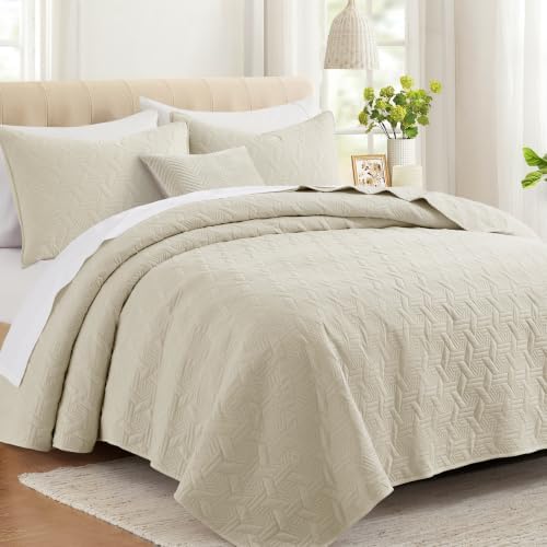 Lavsiry King Quilt Bedding Set with Pillow Shams, Beige