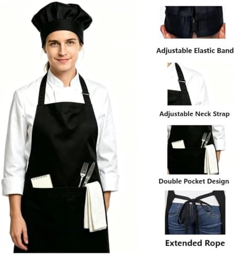 Black Chef Apron and Hat Set, 12 Aprons + 12 Hats, Bulk Pack