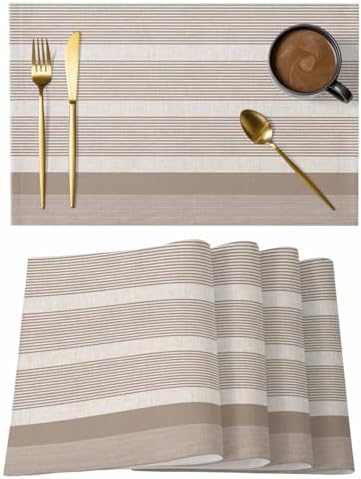 Brown Stripe Placemats Set of 4, Cotton Linen Fabric Place Mats