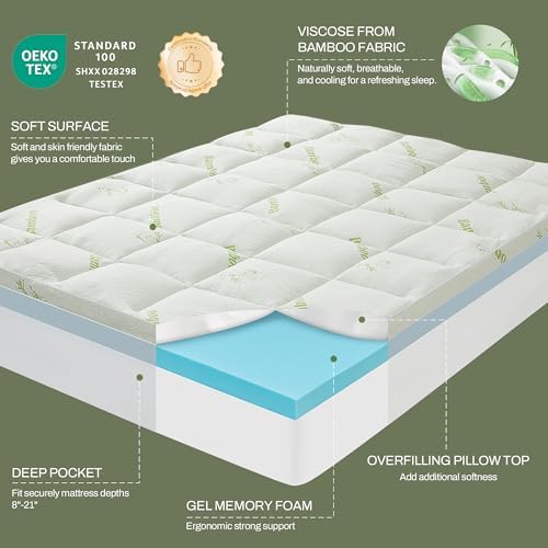 GRUSIGN Queen Memory Foam Mattress Topper, 4 Inch Dual Layer Gel Foam