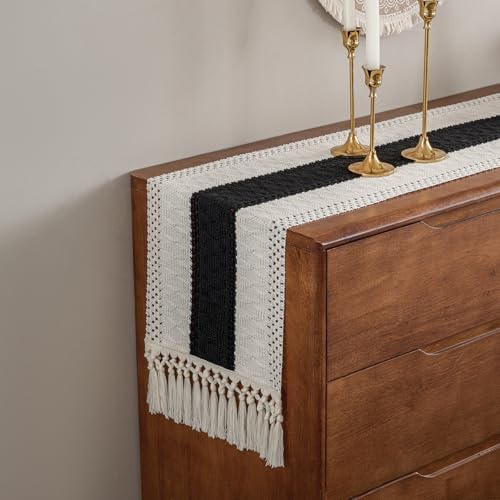 Black Farmhouse Boho Macrame Table Runner with Tassels 90 inches Long