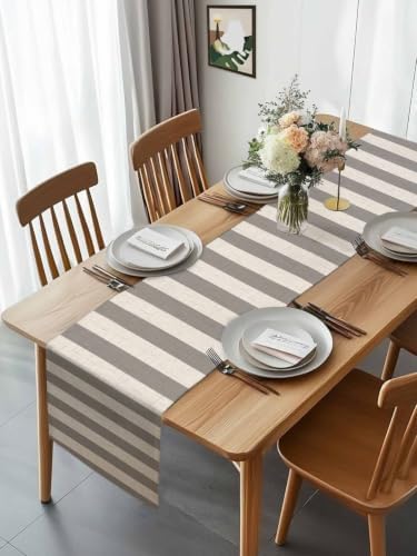 Gray Stripes Linen Table Runner 72 Inches Long, Minimalist Rustic
