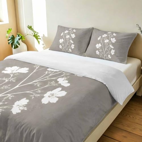 3 Pieces Bedding Set Queen Size, Gray Floral Blossom Soft Duvet Covers